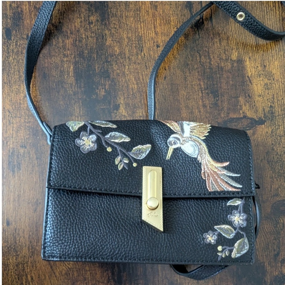 Foley + Corinna Crossbody Mini Bag Black Hummingbird Floral Embroidered Gold